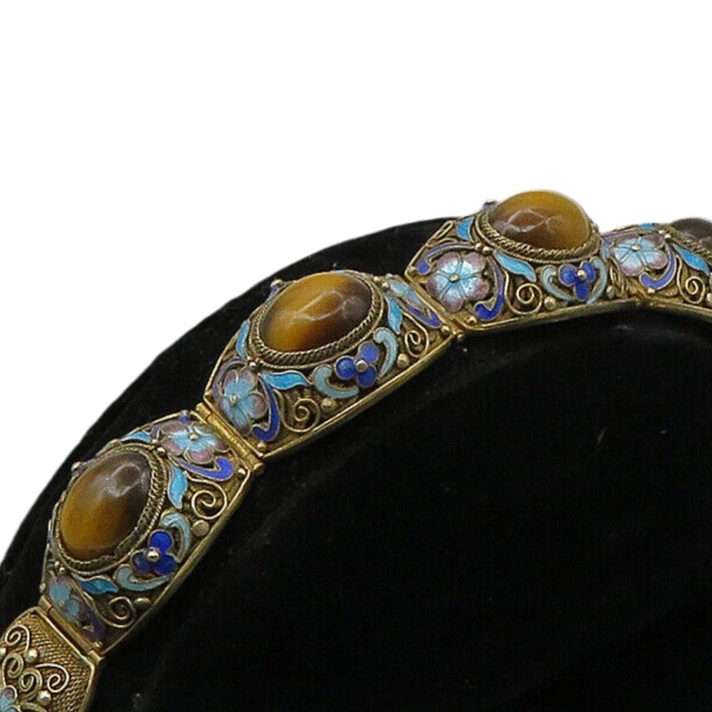 Vintage Gold Chinese import enamel Blue and gold Floral Bracelet with Tiger eye